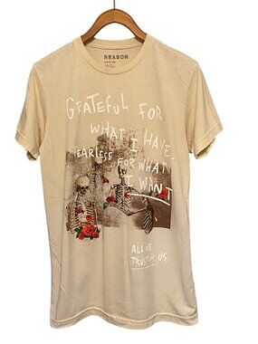 Grateful For What I Have T-Shirt Men's M Cream Skeleton Roses Graphic Tee